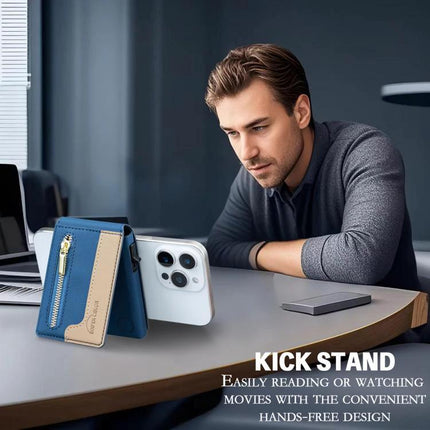 Leather Magnetic Card Holder with Zipper and Phone Stand on a desk acting as a kick stand for hands-free phone use