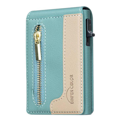 Leather Magnetic Card Holder with Zipper and Phone Stand in teal PU leather with front zipper pocket and beige card slot