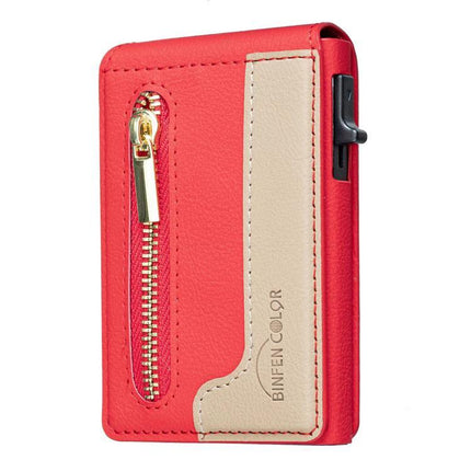 Leather Magnetic Card Holder with Zipper and Phone Stand in red PU leather with gold zipper, beige strap and built-in phone stand