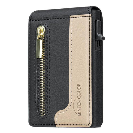 Leather Magnetic Card Holder with Zipper and Phone Stand in black and beige PU leather with exterior zipper pocket and phone-stand feature