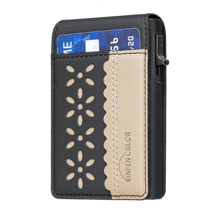 Magnetic Leather Card Bag with Colorblock Flowers Design black and beige PU leather card holder showing cutout flower pattern and card inserted