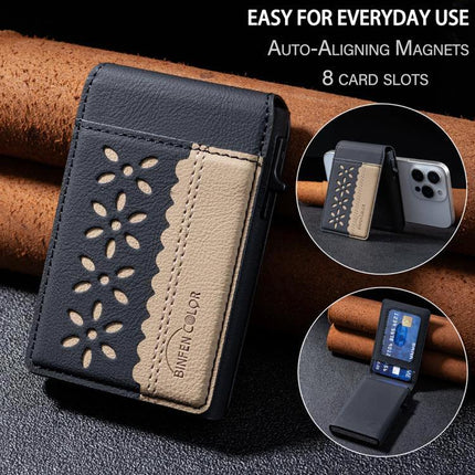 Magnetic Leather Card Bag with Colorblock Flowers Design - black and beige PU leather card holder with magnetic closure, 8 card slots and phone stand