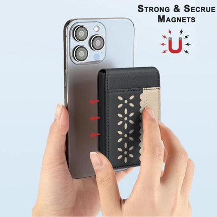 Magnetic Leather Card Bag with Colorblock Flowers Design shown attached to phone with strong magnetic closure and foldable card holder