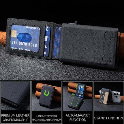 Magnetic Leather Card Bag with Colorblock Flowers Design shown open with cards visible and foldable phone-stand function