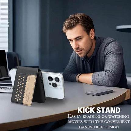 Magnetic Leather Card Bag with Colorblock Flowers Design shown folded as a phone kickstand holding cards and phone for hands-free viewing