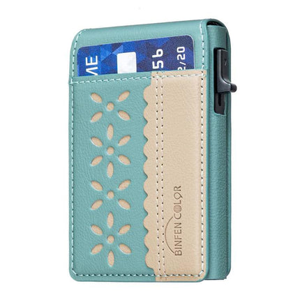Magnetic Leather Card Bag with Colorblock Flowers Design in teal PU leather, foldable phone stand, magnetic closure, front card pocket
