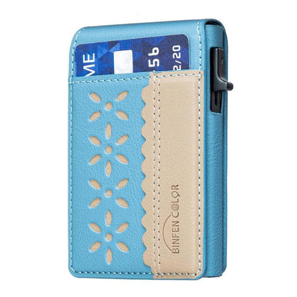 Magnetic Leather Card Bag with Colorblock Flowers Design - blue PU leather card holder with scalloped beige accent and floral cutouts, magnetic closure