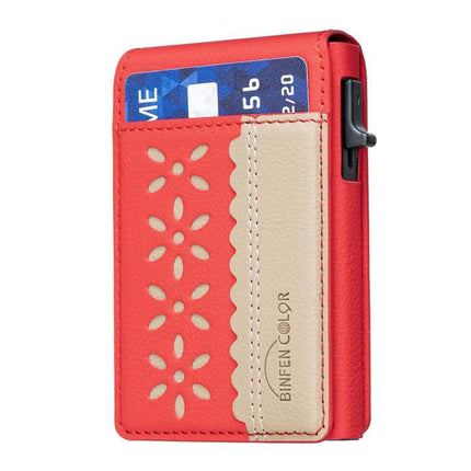 Magnetic Leather Card Bag with Colorblock Flowers Design red PU leather card holder with scalloped beige pocket and floral cutouts