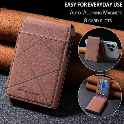 MagSafe Compatible Leather Card Holder for Cards and Phone Stand in brown PU leather with card slots and built-in magnet, doubles as a phone stand