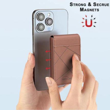 MagSafe Compatible Leather Card Holder for Cards and Phone Stand attached to phone with built-in magnets, brown PU leather used as card wallet and stand
