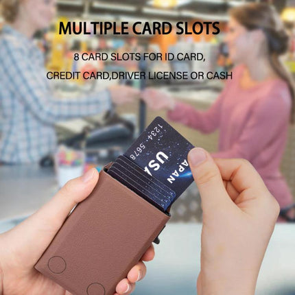 MagSafe Compatible Leather Card Holder for Cards and Phone Stand showing brown PU leather card holder with multiple card slots being used at a checkout counter