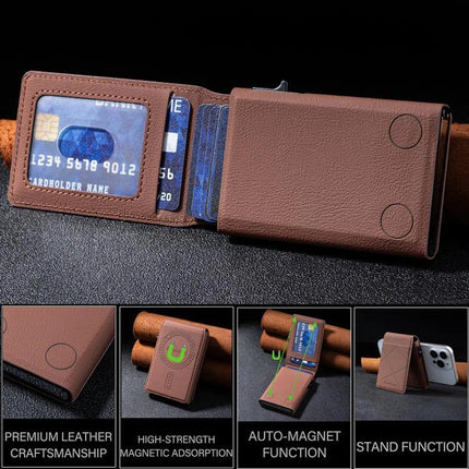 MagSafe Compatible Leather Card Holder for Cards and Phone Stand in brown PU leather showing card slots, magnet attachment and foldable phone stand