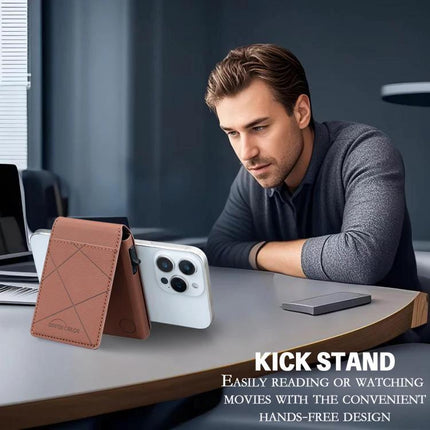 MagSafe Compatible Leather Card Holder for Cards and Phone Stand propped as a phone stand in brown PU leather showing cards and hands-free use