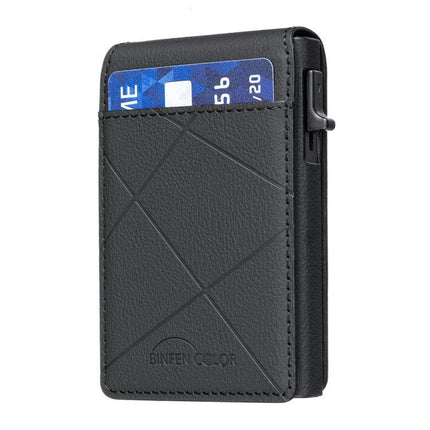 MagSafe Compatible Leather Card Holder for Cards and Phone Stand in black PU leather with card pocket and built-in magnet, doubles as phone stand