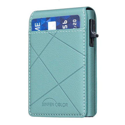 MagSafe Compatible Leather Card Holder for Cards and Phone Stand in teal PU leather with card pocket and built-in magnet, doubles as a phone stand