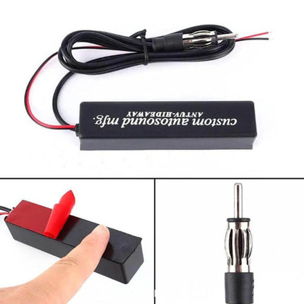 Universal Hidden AM/FM Radio Amplified Antenna for Vehicles - compact hidden amplifier module with wiring and car radio plug for improved reception