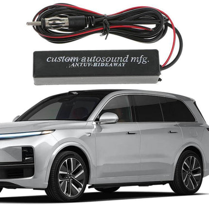 Universal Hidden AM/FM Radio Amplified Antenna for Vehicles installed with wiring and SUV in background