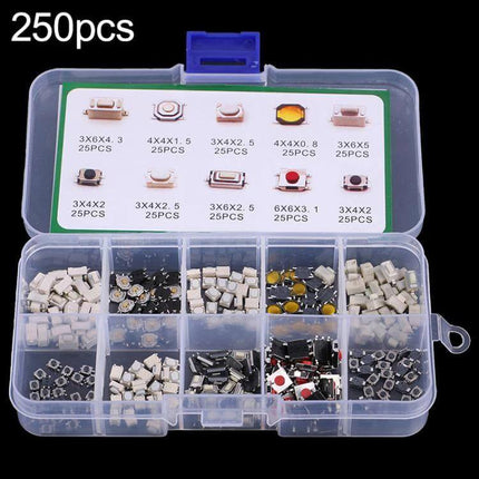 Remote Control Touch Switch Button 250 Pcs Box Pack - assortment of white tactile switch buttons in compartmented plastic storage case