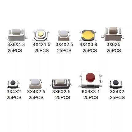 Remote Control Touch Switch Button 250 Pcs Box Pack - assorted white tactile switch buttons in multiple sizes and pin configurations (10 types, 25pcs each)