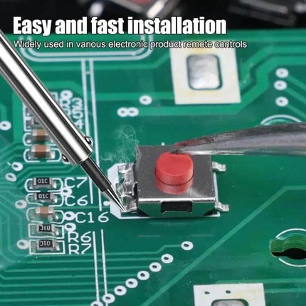 Remote Control Touch Switch Button 250 Pcs Box Pack close-up of red tactile switch on PCB being soldered for easy replacement