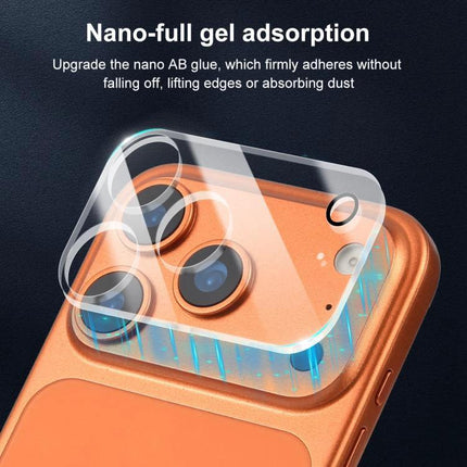 XDcase iPhone Camera Lens Protective Film For Everyday Use clear nano gel protector shown on orange iPhone camera module