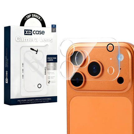 XDcase iPhone Camera Lens Protective Film For Everyday Use clear film on orange iPhone camera showing packaging and installed lens protector