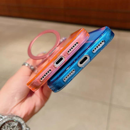 iPhone Everyday Case For Daily Handling And Travel Protects Against Scratches And Dirt - slim orange and blue glitter iPhone cases showing ports and ring holder