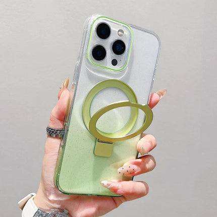 Daily iPhone Case With Ring Holder For Everyday Handling showing clear green polycarbonate case with round metal ring grip held in hand