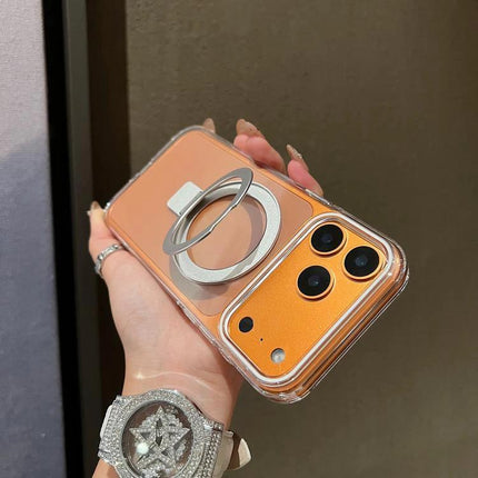 Transparent Phone Case With Ring For Everyday Use clear polycarbonate case with silver ring holder on orange phone, slim protective design