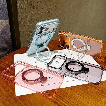 iPhone Protective Case With Ring Holder For Daily Use showing clear colored polycarbonate cases with pivot ring stands on wooden table