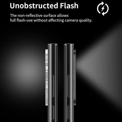 XDcase Lens Protector for Everyday Phone Photography showing two phone profiles with unobstructed flash and non-reflective aluminum alloy protector
