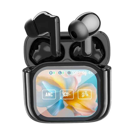 JM19 Touchscreen Color Screen ANC Active Noise Reduction Wireless Bluetooth Earphone in black with charging case.
