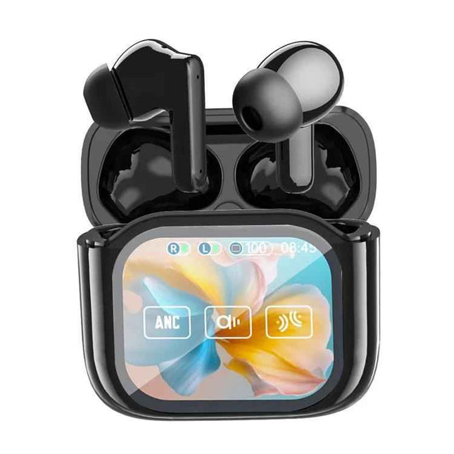 JM19 Touchscreen Color Screen ANC Active Noise Reduction Wireless Bluetooth Earphone in black with charging case.