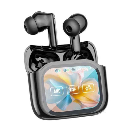 JM19 Touchscreen Color Screen ANC Active Noise Reduction Wireless Bluetooth Earphone in sleek black charging case.