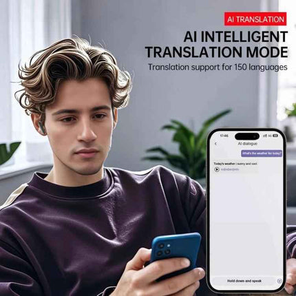 Wireless Bluetooth Earbuds With Touchscreen Translator For Travel showing commuter using earbuds and phone with AI translation screen