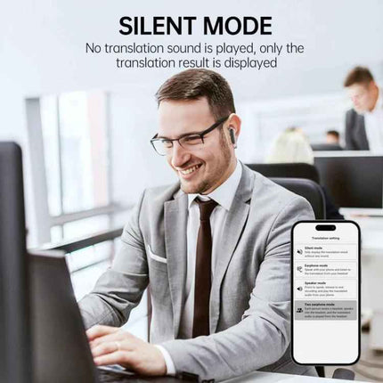 Wireless Bluetooth Earbuds With Touchscreen Translator For Travel shown in office silent mode with touchscreen display