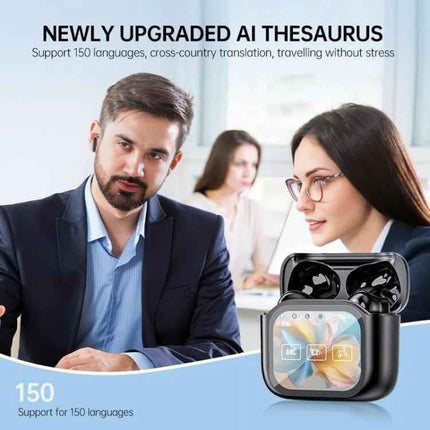 Wireless Bluetooth Earbuds With Touchscreen Translator For Travel showing commuters using JM19 earbuds with translator