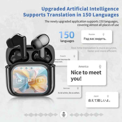Wireless Bluetooth Earbuds With Touchscreen Translator For Travel showing JM19 case, display, translator support for 150 languages