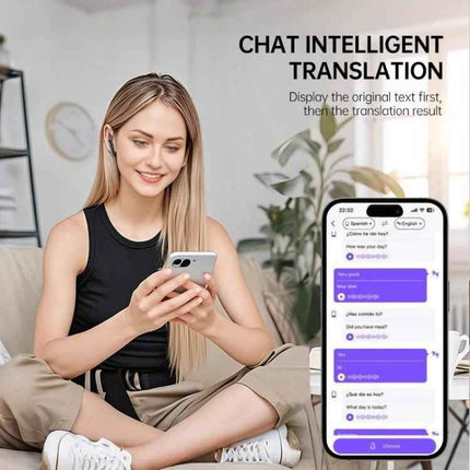 Wireless Bluetooth Earbuds With Touchscreen Translator For Travel showing woman using earbuds with translator app