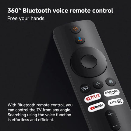 Xiaomi 4K Ultra HD TV Stick for Streaming Video Content at Home remote control showing Bluetooth voice remote and app buttons