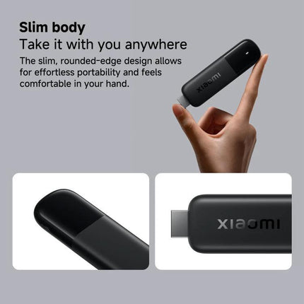 Xiaomi 4K Ultra HD TV Stick for Streaming Video Content at Home - slim black HDMI stick shown in hand with close-up ports and rounded-edge design