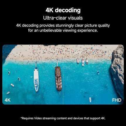 Xiaomi 4K Ultra HD TV Stick for Streaming Video Content at Home showing 4K vs FHD beach visuals and ultra-clear decoding demonstration