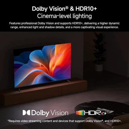 Xiaomi 4K Ultra HD TV Stick for Streaming Video Content at Home shown with TV displaying Dolby Vision and HDR10+ vivid image