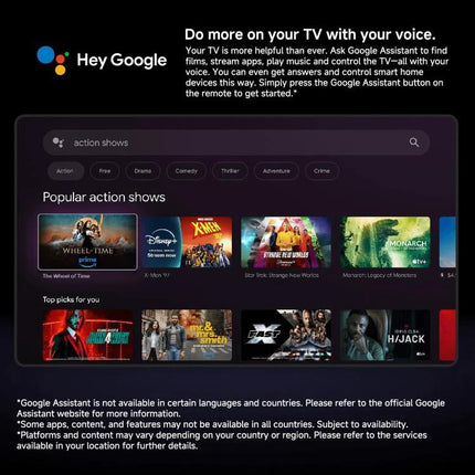 Xiaomi 4K Ultra HD TV Stick for Streaming Video Content at Home connected to TV showing Google TV interface with action shows and voice assistant prompt