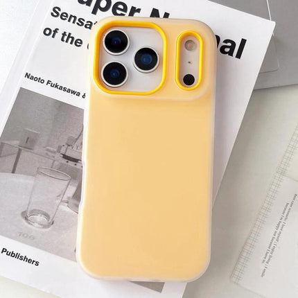 Daily Use Protective Case for iPhone 17 Pro Max in soft yellow TPU-PC blend showing raised yellow camera ring and slim back