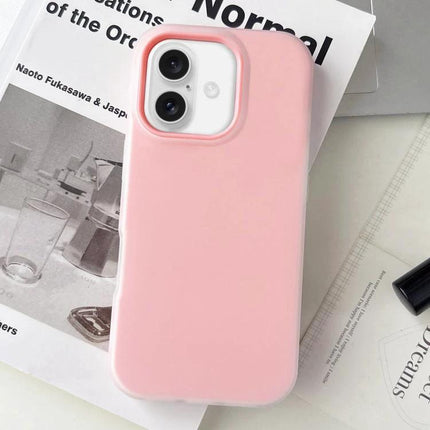 Essential Daily Protective Case For iPhone 16 Plus in soft pink TPU+PC slim protective case on a magazine, showing camera cutout and raised edges