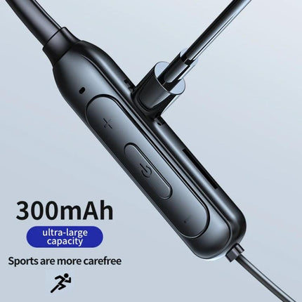 Wireless Neckband Earphones For Jogging And Hands Free Calls showing 300mAh charging port and inline control buttons
