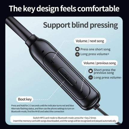 Wireless Neckband Earphones For Jogging And Hands Free Calls showing inline control buttons for volume, track, and power