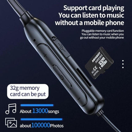 Wireless Neckband Earphones For Jogging And Hands Free Calls showing TF card slot and on-device controls for music playback