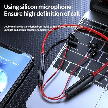Wireless Neckband Earphones For Jogging And Hands Free Calls red M60 neckband on laptop and phone showing 8D audio